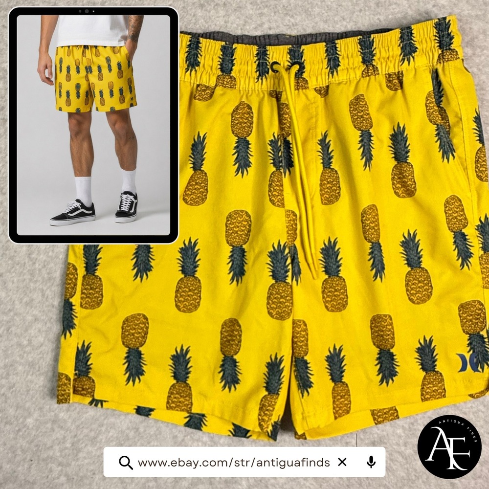 Hurley Mens Yellow Pineapple Print Board Shorts Swim Trunks Sz Medium 7in Inseam